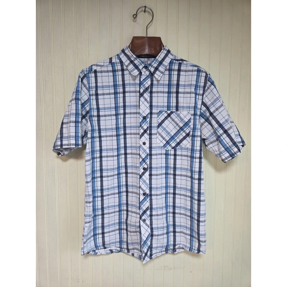 The North‎ Face Shirt Mens Medium Blue Plaid Short Sleeve Button Front Cotton